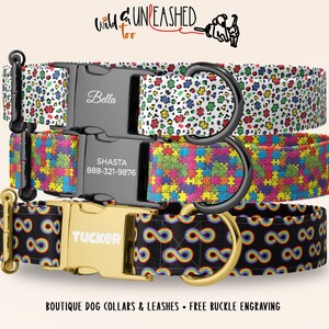 Autism Awareness Dog Collar, Personalized Puzzle Piece Pet Collar with Rainbow Infinity Design, Engraved Buckle, Optional Leash
