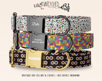 Autism Awareness Dog Collar, Personalized Puzzle Piece Pet Collar with Rainbow Infinity Design, Engraved Buckle, Optional Leash