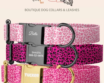 Pink Leopard Personalized Dog Collar, Custom Girl Dog Collar With Engraved Metal Buckle, Handmade Pet Collar With Optional Leash