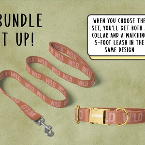 a pink collar and leash with the word "WILD" printed on it, along with a matching collar and leash in the same design.