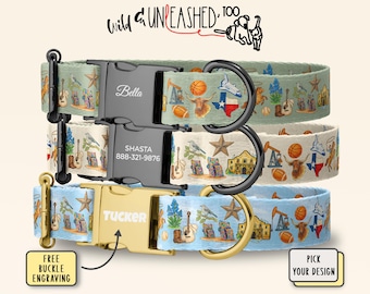 Texas Icons Personalized Dog Collar, Handmade Boutique Pet Collar w/ Custom Engraved Metal Buckle, Optional Leash, Floral Football Baseball