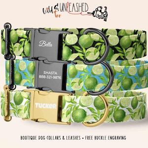 May include: Three dog collars with lime and leaf patterns. The top collar has a black background, the middle has a blue background, and the bottom has a white background. Each collar has a metal buckle with a name engraved on it. The text "Wild & Unleashed too" is at the top.