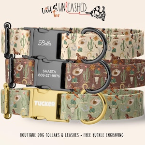 Western Desert Personalized Dog Collar, Southwest Cowboy & Cactus Boutique Pet Accessory with Engraved Metal Buckle, Optional Matching Leash