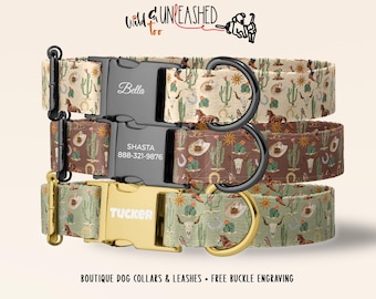 Western Desert Personalized Dog Collar, Southwest Cowboy & Cactus Boutique Pet Accessory with Engraved Metal Buckle, Optional Matching Leash