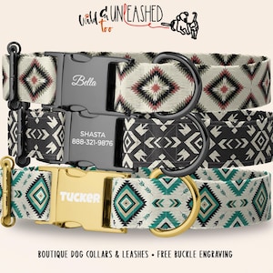 May include: Three dog collars with geometric patterns. The top collar is cream with black and red accents and a black buckle engraved with Bella. The middle is black with white patterns and a black buckle engraved with Shasta and 888-321-9876. The bottom is cream with teal and black patterns and a gold buckle engraved with Tucker.
