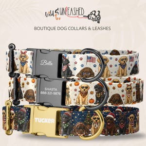 May include: Three dog collars with black and gold buckles. The top collar features a white background with American flags and dogs wearing bandanas. The middle collar has a white background with pumpkins and dogs. The bottom collar has a dark blue background with Christmas trees and dogs.