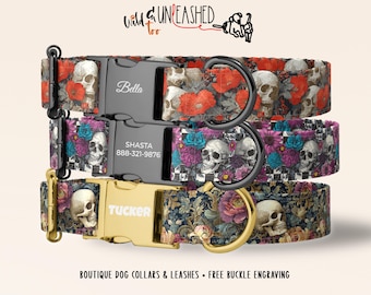May include: Three dog collars with skull and floral patterns. The top collar is red and black with the name "Bella". The middle collar is purple and black with the name "Shasta" and a phone number. The bottom collar is navy and gold with the name "Tucker". The text reads "BOUTIQUE DOG COLLARS & LEASHES - FREE BUCKLE ENGRAVING".