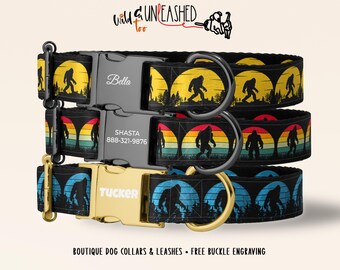 May include: Three dog collars featuring a repeating Bigfoot silhouette pattern against circular sunset backgrounds. The top collar has a black buckle engraved with Bella, the middle a black buckle with Shasta and 888-321-9876, and the bottom a gold buckle with Tucker.
