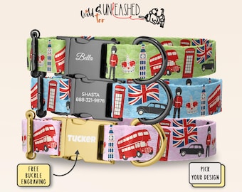 London Personalized Dog Collar, UK Pet Collar with Engraved Buckle, British Icons Dog Collar, England United Kingdom, Matching Leash Option