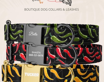 Chili Pepper Personalized Dog Collar, Handmade Red Pepper Print, Custom Pet Collar With Engraved Buckle, Unique Gift For Dog Lovers