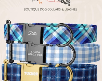 May include: Three dog collars featuring plaid patterns in shades of blue and white. The top collar has a black buckle engraved with Bella, the middle has a black buckle with SHASTA 888-321-9876, and the bottom has a gold buckle engraved with TUCKER.