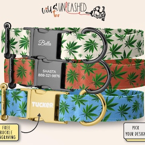 420 Hemp Leaf Personalized Dog Collar, Custom Engraved Buckle, Matching Leash, Green Cannabis Print Accessory, Fun Pot Leaf Pet Gear Gift