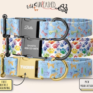 Kids Art Personalized Dog Collar, Custom Engraved Buckle, Rainbow Paw Prints, Colorful Bones or Scribble Dogs, Leash Option, Pet Accessory