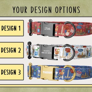 three different dog collars with various designs, including a red collar, a blue collar, and a white collar.