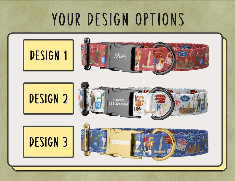 three different dog collars with various designs, including a red collar, a blue collar, and a white collar.