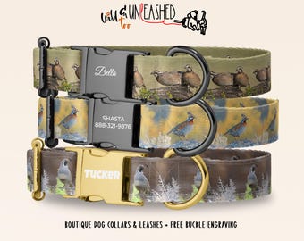 Quail Hunting Dog Collar, Personalized Woodland Birds Fabric Collar for Labrador Retriever, Pointer, Spaniel, Custom Engraved Metal Buckle