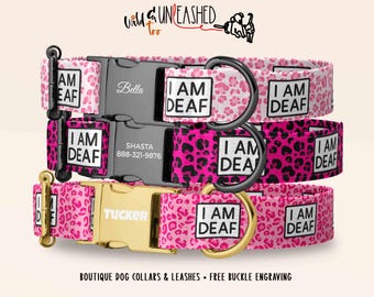 Deaf Dog Pink Leopard Personalized Dog Collar, Engraved Buckle, Medical Alert Safety Pet Collar for Girl Dog, Stylish Gift for Dog Lovers