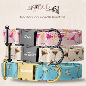 May include: Three dog collars with cocktail patterns. The top collar is pink with martini glasses, the middle is cream with espresso martinis, and the bottom is light blue with olive martinis. Each features a personalized buckle and metal hardware.