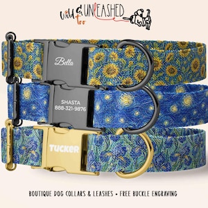 May include: Three dog collars with floral and artistic designs. The top collar has a sunflower pattern, the middle one features a starry night design, and the bottom one has an iris pattern. Each collar has a metal buckle with a name engraved on it.