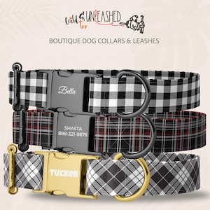 May include: Three dog collars with plaid patterns and metal buckles. The top collar is black and white with the name Bella. The middle collar is black, gray, and red with the name Shasta and phone number 888-321-9876. The bottom collar is gray and white with the name Tucker.