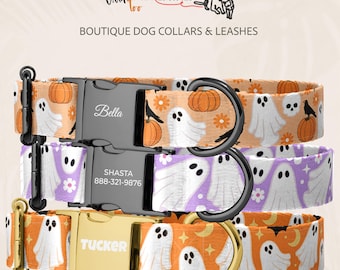 Halloween Ghost Dog Collar, Personalized Pet Collar with Engraved Metal Buckle, Handmade Spooky Accessory, Optional Matching Leash