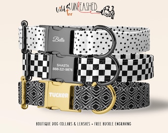Black and White Dog Collar, Personalized Boutique Pet Accessory with Engraved Metal Buckle, Optional Matching Leash