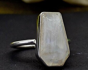 Handmade Moonstone Coffin Ring, Solid 925 Sterling Silver