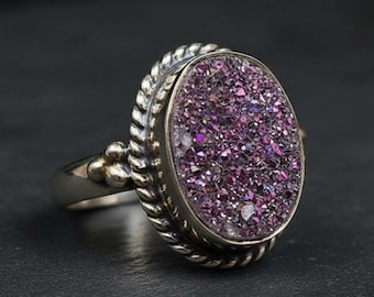 Sterling Silver Druzy Ring, Purple Sparkle Stone, Statement