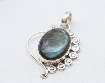 Labradorite Pendant, Sterling Silver Necklace, Oval Gemstone Jewelry
