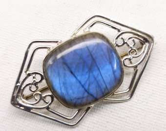 Broche de labradorita de fuego azul, broche de piedras preciosas en plata de ley 925