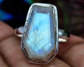 Moonstone Coffin Ring, Handmade 925 Sterling Silver, Gemstone Jewelry