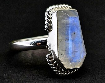 925 Sterling Silver Rainbow Moonstone Coffin Ring