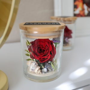 This is a beautiful preserved red rose with beach sand and sea shells in a glass jar with a wood lid. The perfect gift for someone you love.