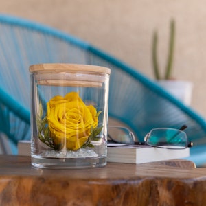 This is a beautiful preserved yellow rose in a glass jar with a wood lid. The perfect gift for someone you love.