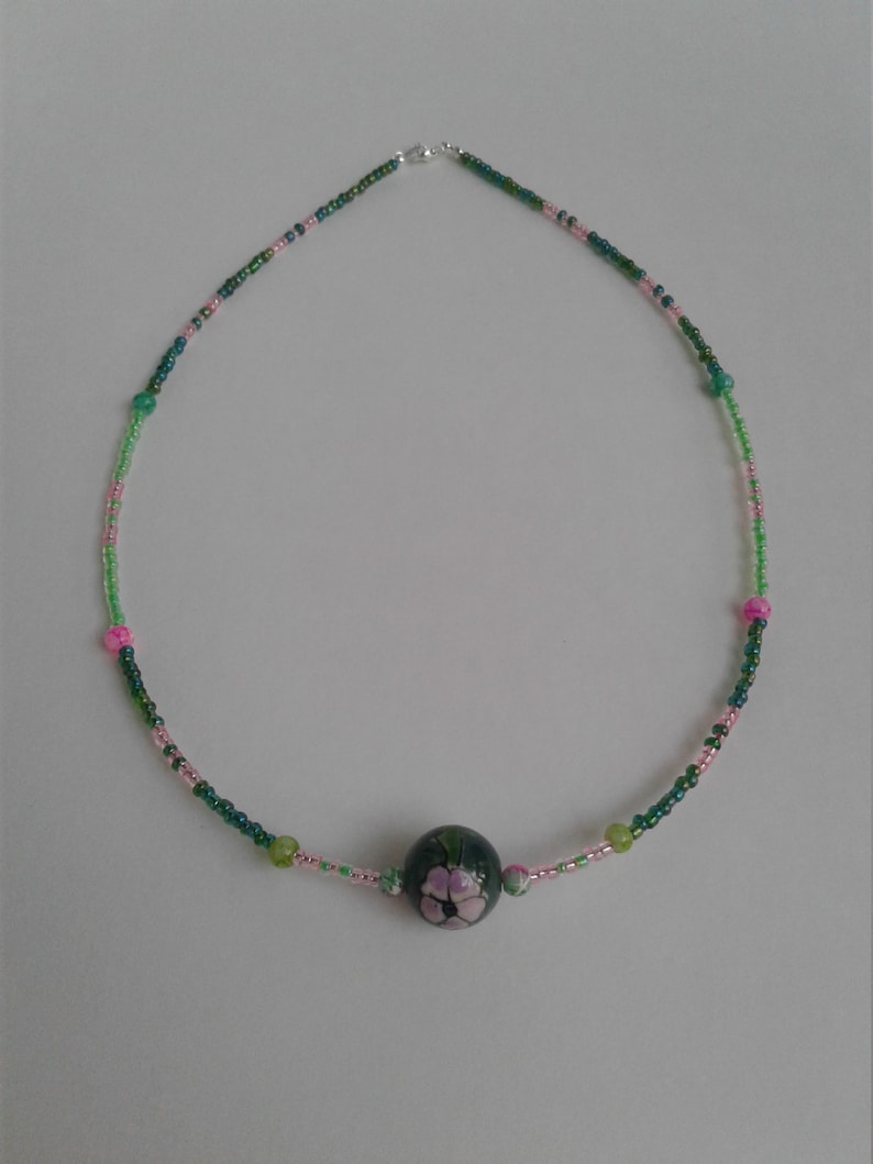 summer jewelry pink and green czech glass seed beads Green porcelain statement bead with pink and blue flowers Handmade beaded Necklace