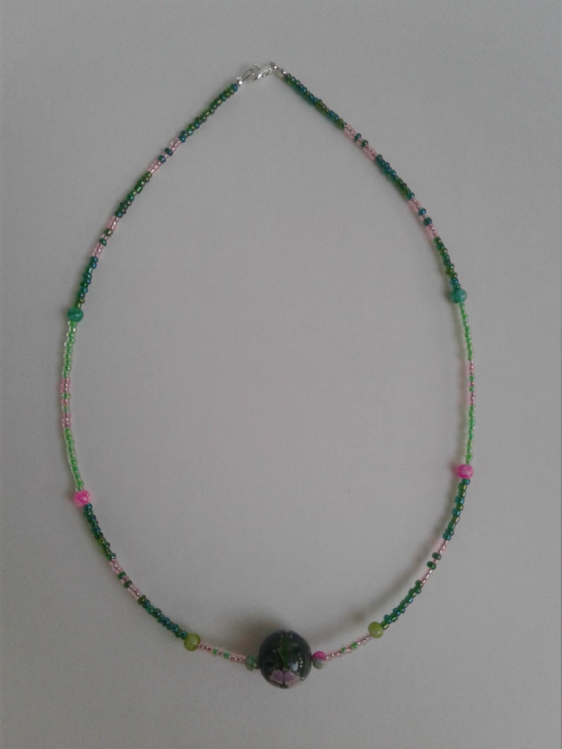 summer jewelry pink and green czech glass seed beads Green porcelain statement bead with pink and blue flowers Handmade beaded Necklace