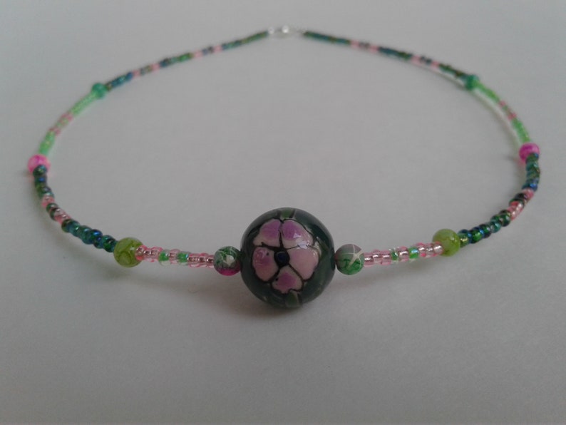 summer jewelry pink and green czech glass seed beads Green porcelain statement bead with pink and blue flowers Handmade beaded Necklace