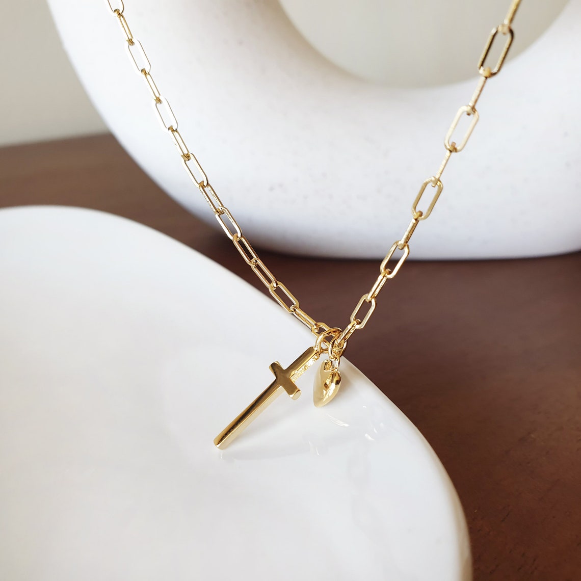 Mini Paperclip Chain Necklace With Cross Heart Charm 18K Gold Etsy