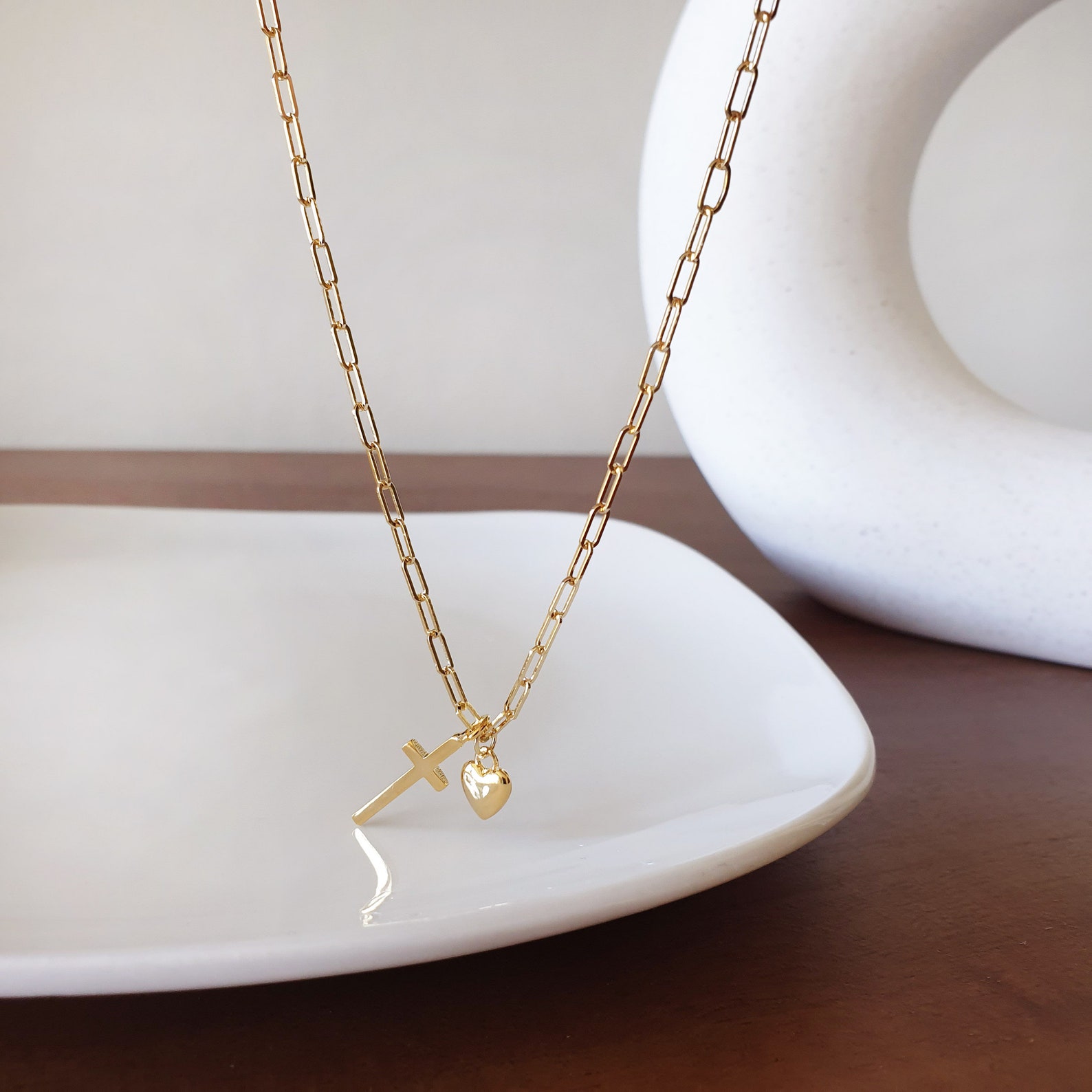 Mini Paperclip Chain Necklace With Cross Heart Charm 18K Gold Etsy