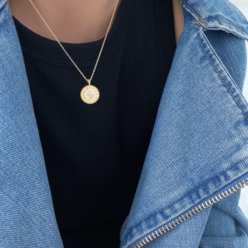 Gold Lightning Bolt Coin Necklace Lightning Bolt Coin Medallion Necklace 18K Gold Dipped Silver Lightning Bolt Coin Medal Pendant Necklace