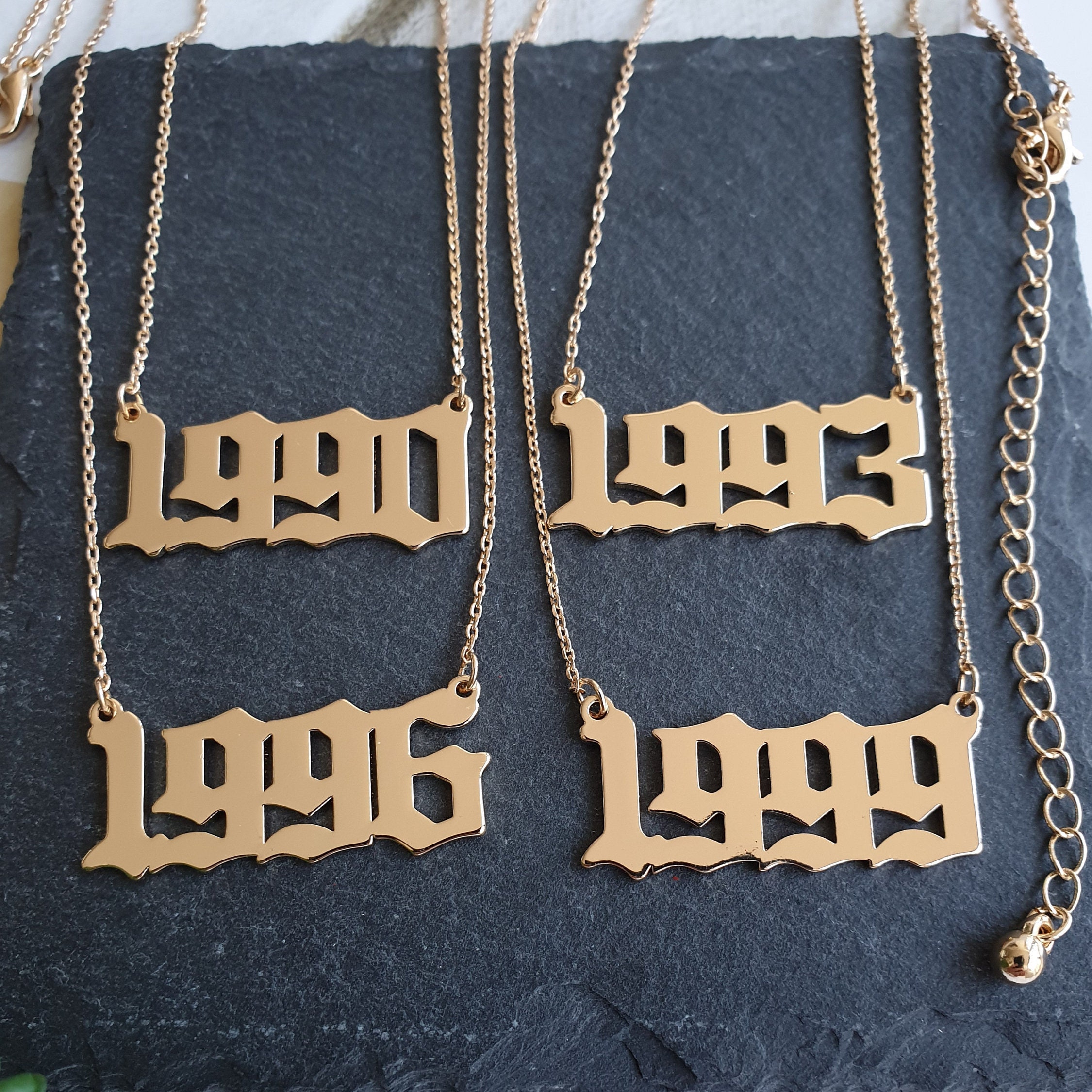 Year Necklace Gold Old English font, Birth Year Necklace, Old English…