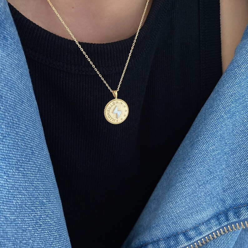 Gold Lightning Bolt Coin Necklace Lightning Bolt Coin Medallion Necklace 18K Gold Dipped Silver Lightning Bolt Coin Medal Pendant Necklace