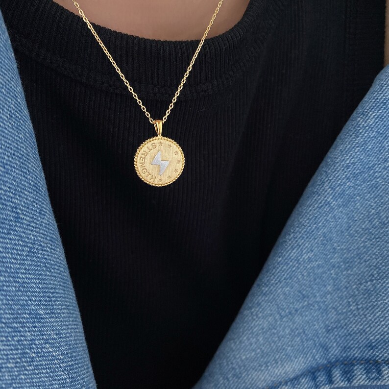 Gold Lightning Bolt Coin Necklace Lightning Bolt Coin Medallion Necklace 18K Gold Dipped Silver Lightning Bolt Coin Medal Pendant Necklace