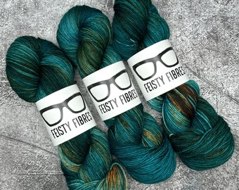 Lucky Penny - Teal + Copper + Rust hand dyed variegated fingering sock and mcn yarn
