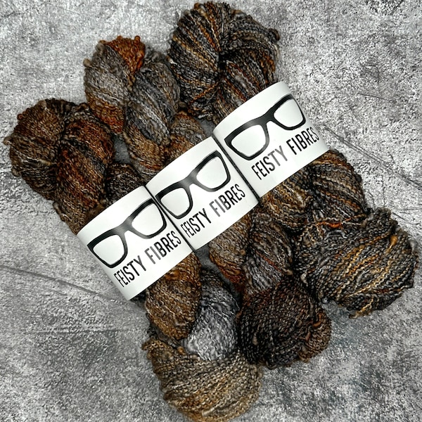 Slubby, SPITE - Grey rust copper and black varigated  hand dyed fingering weight slub yarn, sweater yarn, textured, speckled, mkal