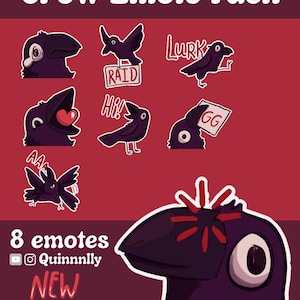 以下が含まれることがあります： 様々な表情やアクションを描いた8種類のカラスの絵文字のデジタルコレクション。セットには「Crow Emote Pack」、「RAID」、「LURK」、「HI」、「GG」、「AAA」、「NEW offer」といったテキストが含まれています。イラストは暗い赤色の背景に紫色のカラスが描かれています。