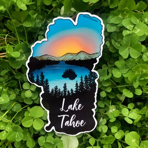 Lake Tahoe sticker, Emerald bay sticker, Blue Sunset Mountain, trees, Sticker, glossy Vinyl, Die Cut Stickers 001