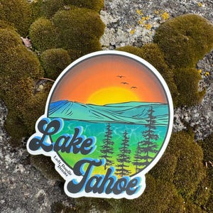 Lake Tahoe Sunset Sticker: Matte Vinyl Die Cut, Mountain Art