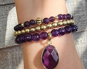 Amethyst Beaded Bracelet Set: Amethyst Gemstone Charm, gold tone accents