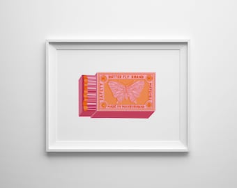 Wall Art Digital Print - Home Decor Vintage Butterfly Match box print (Orange / Pink)